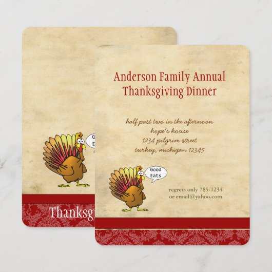 Grappige uitnodiging voor Thanksgiving-diner (Voorkant / Achterkant)