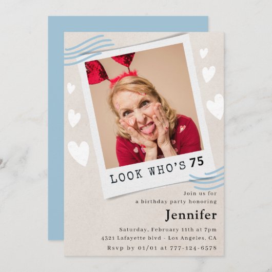 Grappige uitnodigingen voor 75e verjaardag Kijk wi (Voorkant / Achterkant)