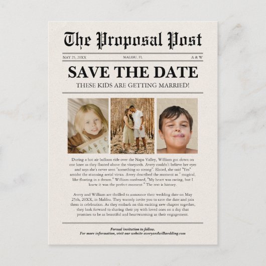 Grappige unieke krant foto bruiloft Save the Date Briefkaart (Voorkant)