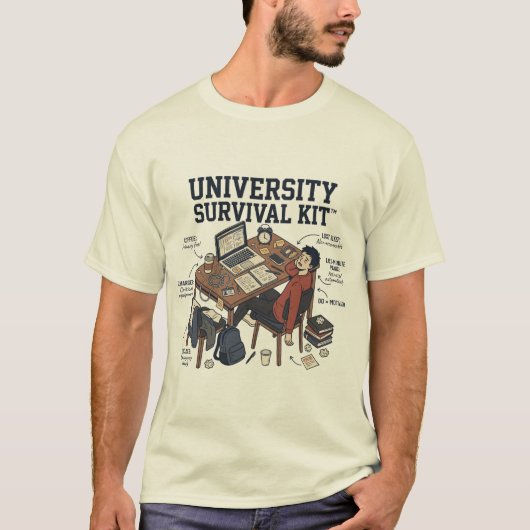 Grappige "Universitaire Survival Kit" Student T-shirt (Voorkant)
