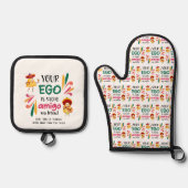 Grappige UW EGO IS NACHO AMIGO Aangepaste tekst Ovenwant & Pannenlap Set (Voorkant)