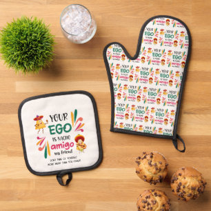 Grappige UW EGO IS NACHO AMIGO Aangepaste tekst Ovenwant & Pannenlap Set