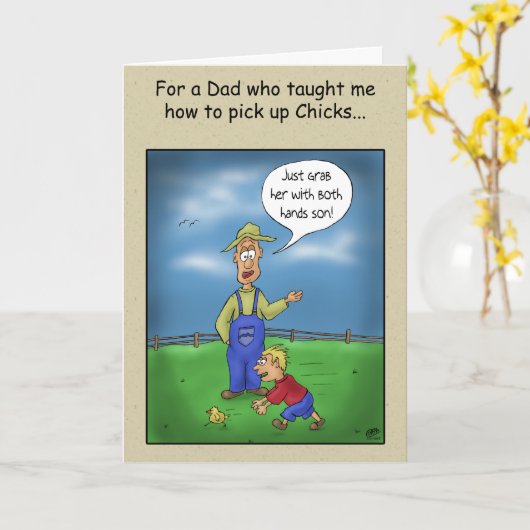 Grappige Vaderdag Kaarten: Het Oppakken Van Kuiken Kaart (Gele Bloem)