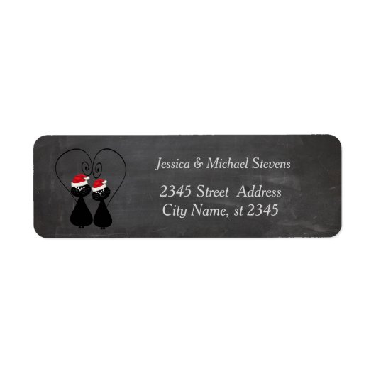 Grappige vakantie cartoon Santa cat paar krijtbord Etiket (Voorkant)