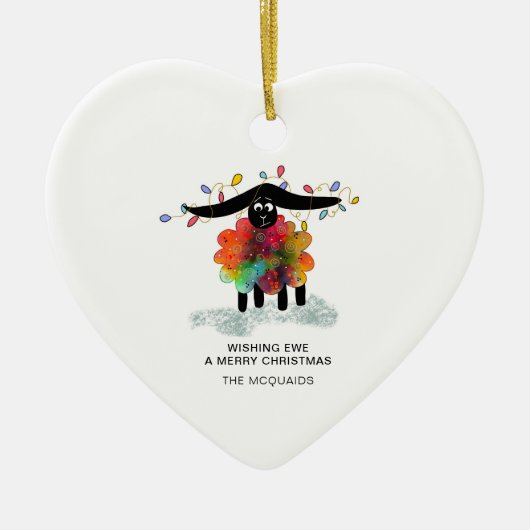 Grappige vakantie schapen met kerstverlichting keramisch ornament (Voorkant)