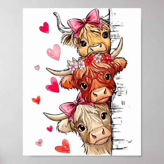 Grappige Valentijn Highland Cow Liefhebber Harten Poster (Voorkant)