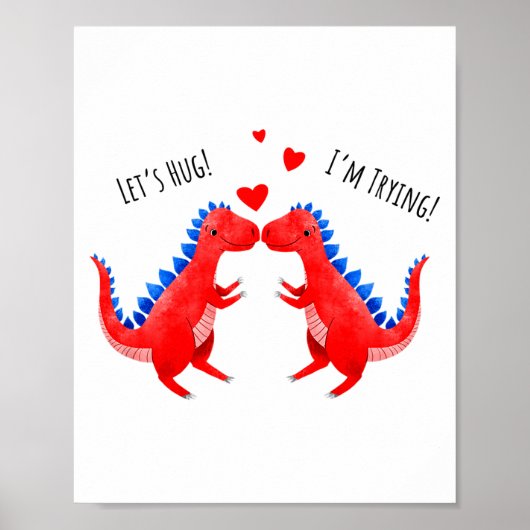 Grappige Valentijnsdag Dinosaurus Knuffelend Hart Poster (Voorkant)