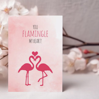 Grappige Valentijnsdag Kaart roze flamingo's