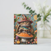 Grappige Vampier Kat Met Een Vis Op Een Paddestoel Briefkaart (Staand voorkant)