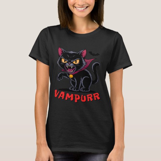 Grappige vampier zwarte kat Halloween T-shirt (Voorkant)