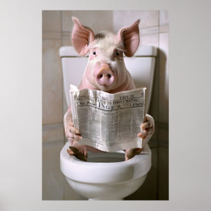 Grappige varkensbadkamerprint, WC-krantkunst Poster