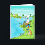 Grappige verjaardag broeder visser Kaart met vis<br><div class="desc">Dit is een grappige viskaart, waarvan ik zeker weet dat het ideaal is voor elke visser voor verjaardagen met Duncan die probeert een vis te vangen, maar de vis heeft net zijn boterham genomen waarvan hij slechts één hap heeft genomen, en de dikke kat eet de vissen die eruit springen...</div>