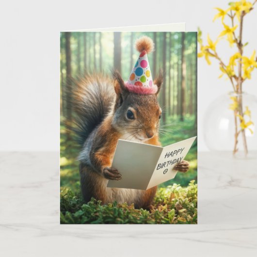 Grappige verjaardag eekhoorn met verjaardagskaart kaart (Gele Bloem)