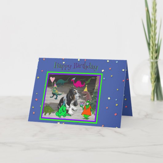 Grappige Verjaardag Kaart met Dinosaurs & Basset H (Voorkant)