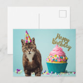 Grappige Verjaardag Kat met Taartje Briefkaart (Voorkant / Achterkant)
