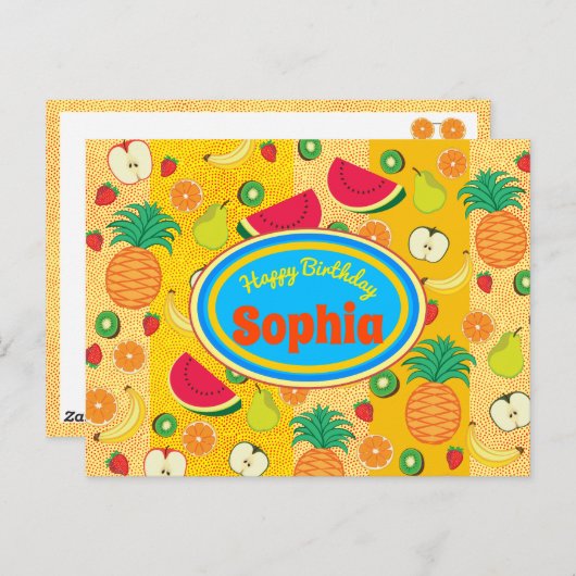 Grappige verjaardag kleurrijk fruit label Opgewekt Briefkaart (Voorkant / Achterkant)