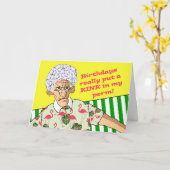 Grappige verjaardag, oudere dame met permanent haa kaart (Gele Bloem)