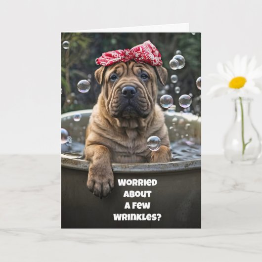 Grappige verjaardag Schattige Shar Pei Puppy Bubbl Kaart (Kleine Plant)