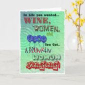 Grappige verjaardag, wijn vrouwen en lied kaart (Gele Bloem)