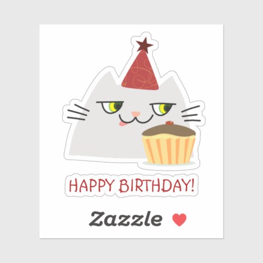 Grappige Verjaardags Kat Sticker Feest Taart Moppi (Vel)
