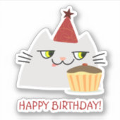 Grappige Verjaardags Kat Sticker Feest Taart Moppi (Voorkant)