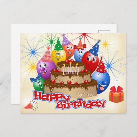 Grappige Verjaardagsballonnen en Chocolade Cake Briefkaart (Voorkant / Achterkant)