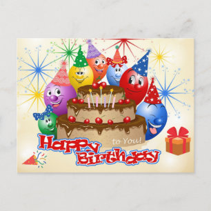 Grappige Verjaardagsballonnen en Chocolade Taart Briefkaart