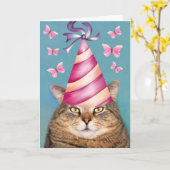 Grappige verjaardagskaart van kat en vlinder kaart (Gele Bloem)