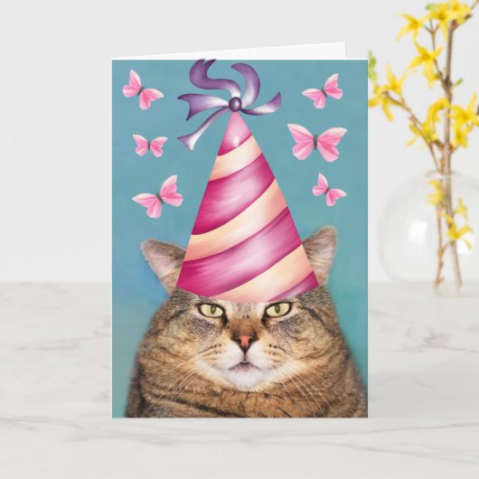 Grappige verjaardagskaart van kat en vlinder kaart (Gele Bloem)