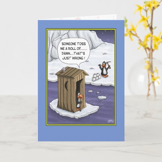 Grappige Verjaardagskaarten: Pinguïn Pranks Kaart (Gele Bloem)