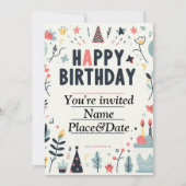 Grappige verjaardagsuitnodiging - kleurrijk feest kaart (Voorkant)