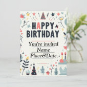 Grappige verjaardagsuitnodiging - kleurrijk feest kaart (Staand voorkant)