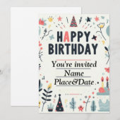 Grappige verjaardagsuitnodiging - kleurrijk feest kaart (Voorkant / Achterkant)