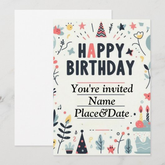 Grappige verjaardagsuitnodiging - kleurrijk feest kaart (Voorkant / Achterkant)