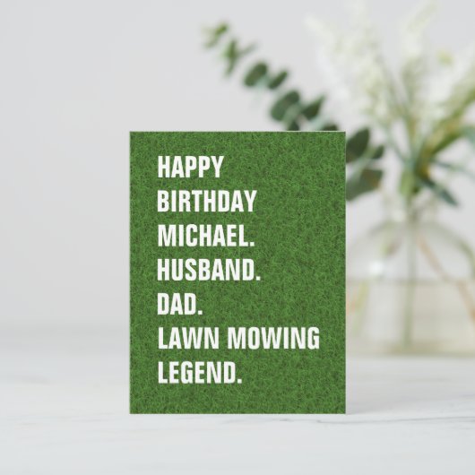 Grappige verjaardagswens voor een grasmaaier-liefh briefkaart (Staand voorkant)