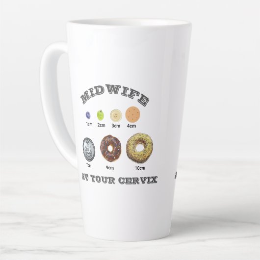 Grappige verloskundige "bij je baarmoederhals" cm latte mok (Linkerhoek)