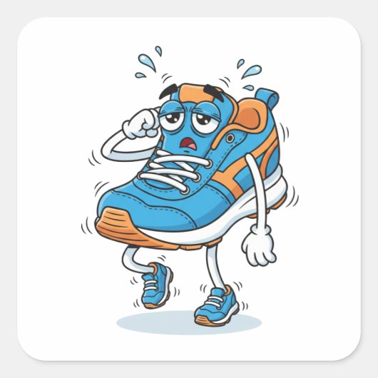 Grappige Vermoeide Hardloopschoen Cartoon Kunst St Vierkante Sticker (Voorkant)