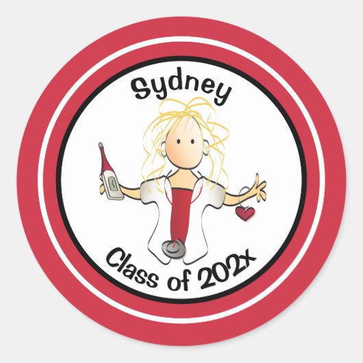 Grappige Verpleegkundige Cartoon Rood Zwart Afstud Ronde Sticker (Voorkant)