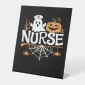 Grappige Verpleegster Halloween Ghost Design Essen Reclamebord Met Voetstuk (Voorkant)