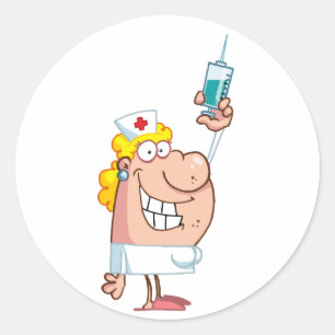 Grappige verpleegster-met-spuit foto ronde sticker