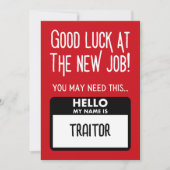 Grappige 'verrader badge' collega vertrekken bedankkaart (Voorkant)