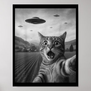 Grappige Verraste Ed Kat Selfie Met Alien Ufo Kat Poster
