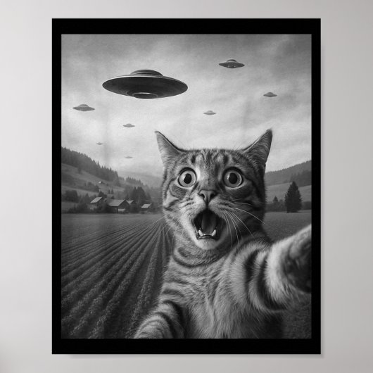 Grappige Verraste Ed Kat Selfie Met Alien Ufo Kat Poster (Voorkant)