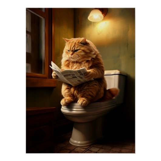 Grappige Vette Kat Leest Krant op Toilet Perfect Poster (Voorkant)