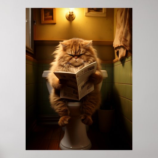 Grappige Vette Kat Leest Krant op Toilet Poster (Voorkant)