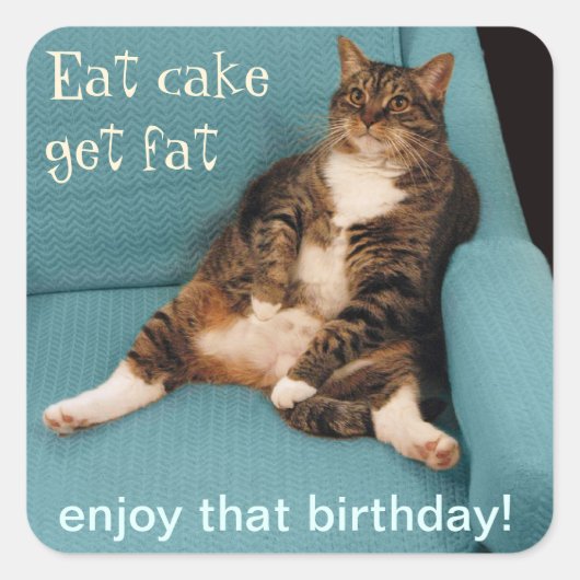 Grappige Vette Tabby Kat Eet Cake Get Vet Vierkante Sticker (Voorkant)