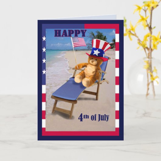 Grappige Vierde Juli kaart Patriottische Teddybeer (Gele Bloem)