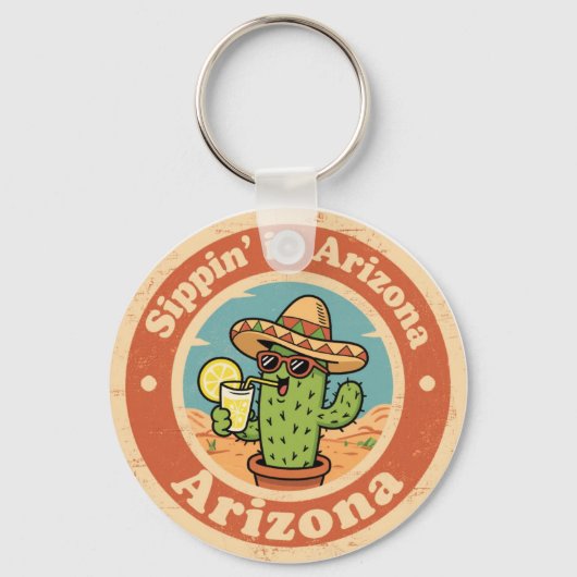 Grappige Vintage Arizona Sippin Cactus Sleutelhanger (Voorkant)
