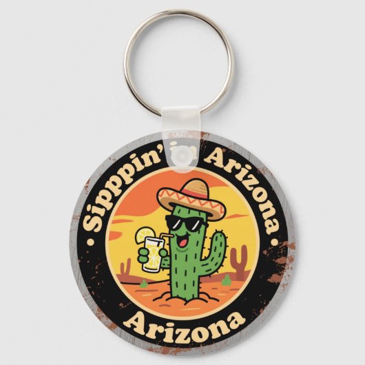 Grappige Vintage Arizona Sippin Cactus Sleutelhanger (Voorkant)