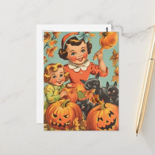 Grappige Vintage Halloween Meisjes Briefkaart (Voorkant / Achterkant in situ)